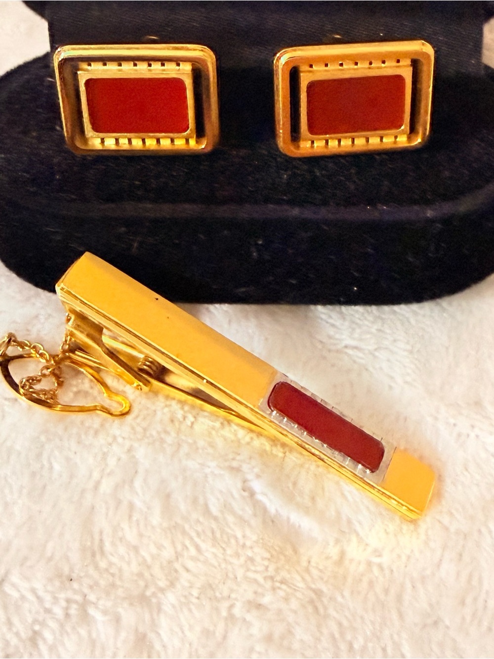 Vintage Hickok Gold-Tone Cufflinks and Tie Clip Set with Red Enamel Accents